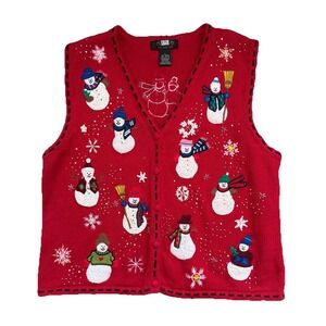 Vintage 90s Christmas Cardigan Vest Womens Large Snowman Beaded Holiday Party